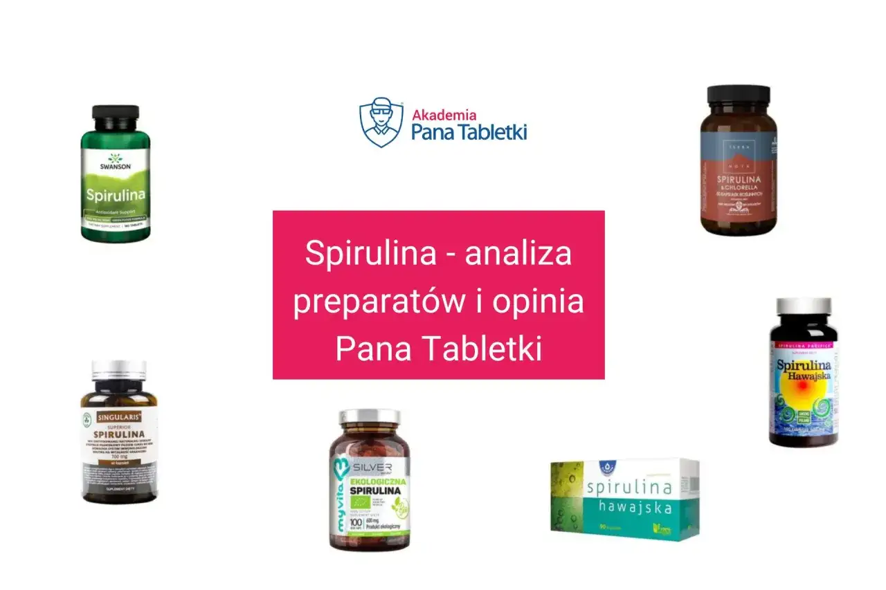 Różne preparaty ze spiruliną, w tym Swanson, Terra Nova, Singularis, Myvita i inne. Analiza "spirulina co to" i opinii Pana Tabletki.