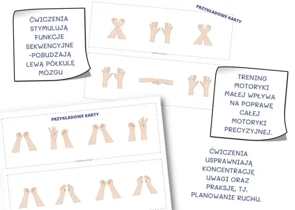 Karty z ćwiczeniami dłoni, które pomagają w regeneracji po treningu, usprawniając motorykę małą i koncentrację.