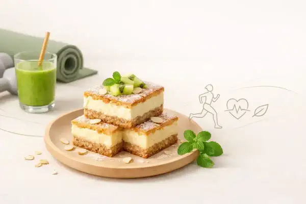 Pyszne ciasto z odżywką białkową, ozdobione kiwi i miętą, obok zielonego smoothie i akcesoriów sportowych. Idealne dla aktywnych!